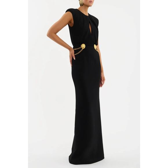 NWT Rebecca Vallance Chelsea Chain-Link Gown Black Maxi Seashell Gold US 2 - Picture 1 of 2